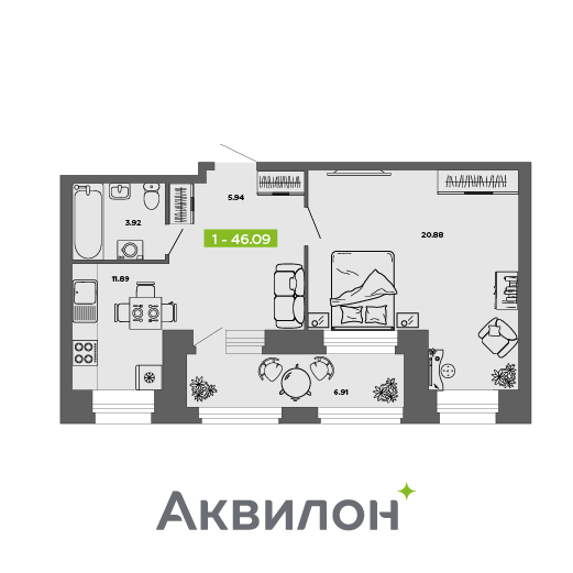 1-комнатная 46 м2 в ЖК Аквилон ROSA корпус null этаж 10