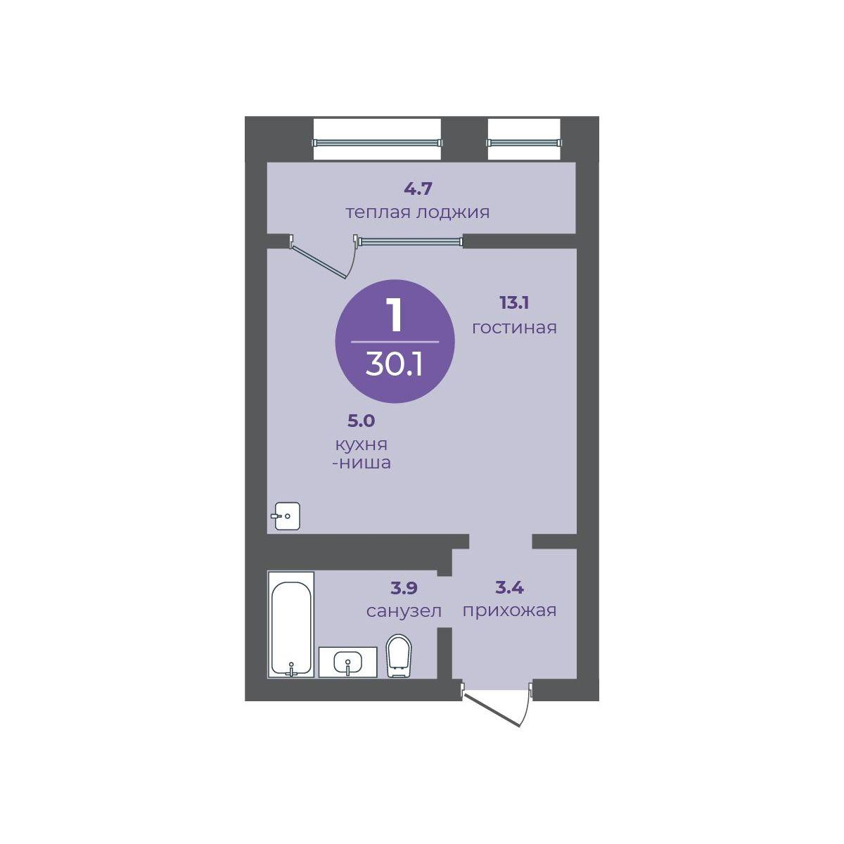 1-комнатная 30 м2 в ЖК Перемены корпус null этаж 2