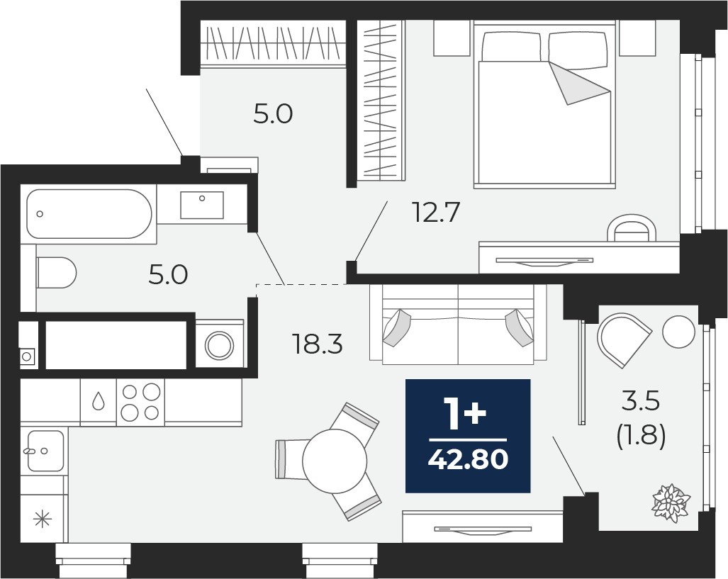 1-комнатная 41 м2 в ЖК Мириады корпус null этаж 14