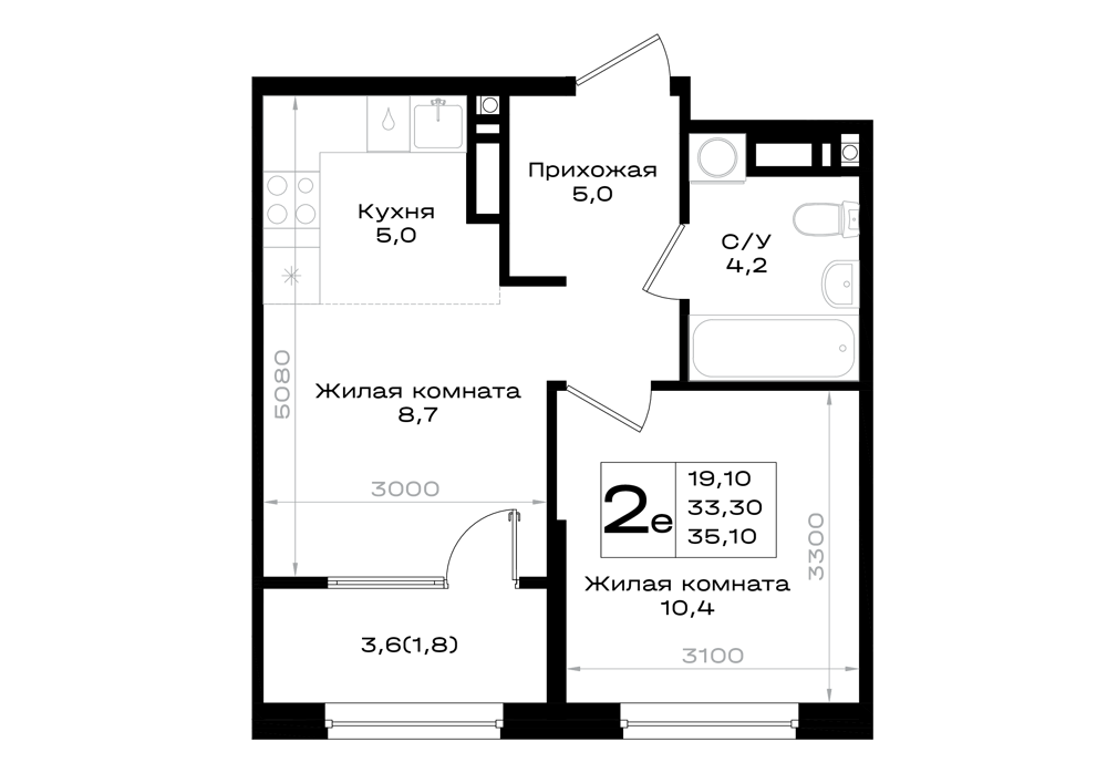 2-комнатная 35 м2 в ЖК Придонье корпус null этаж 6
