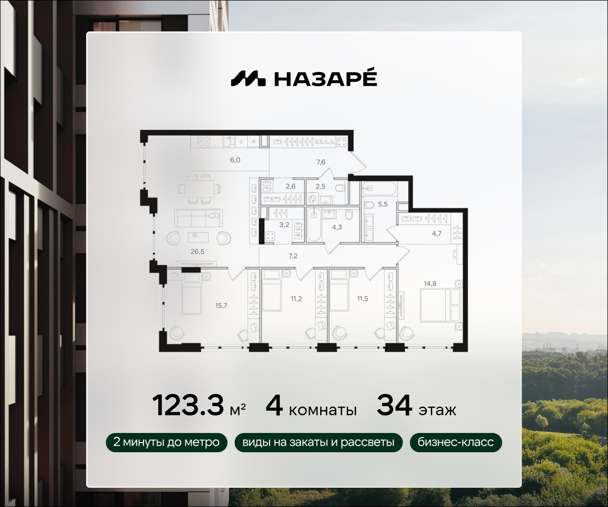 4-комнатная 123 м2 в ЖК НАЗАРÉ корпус null этаж 34