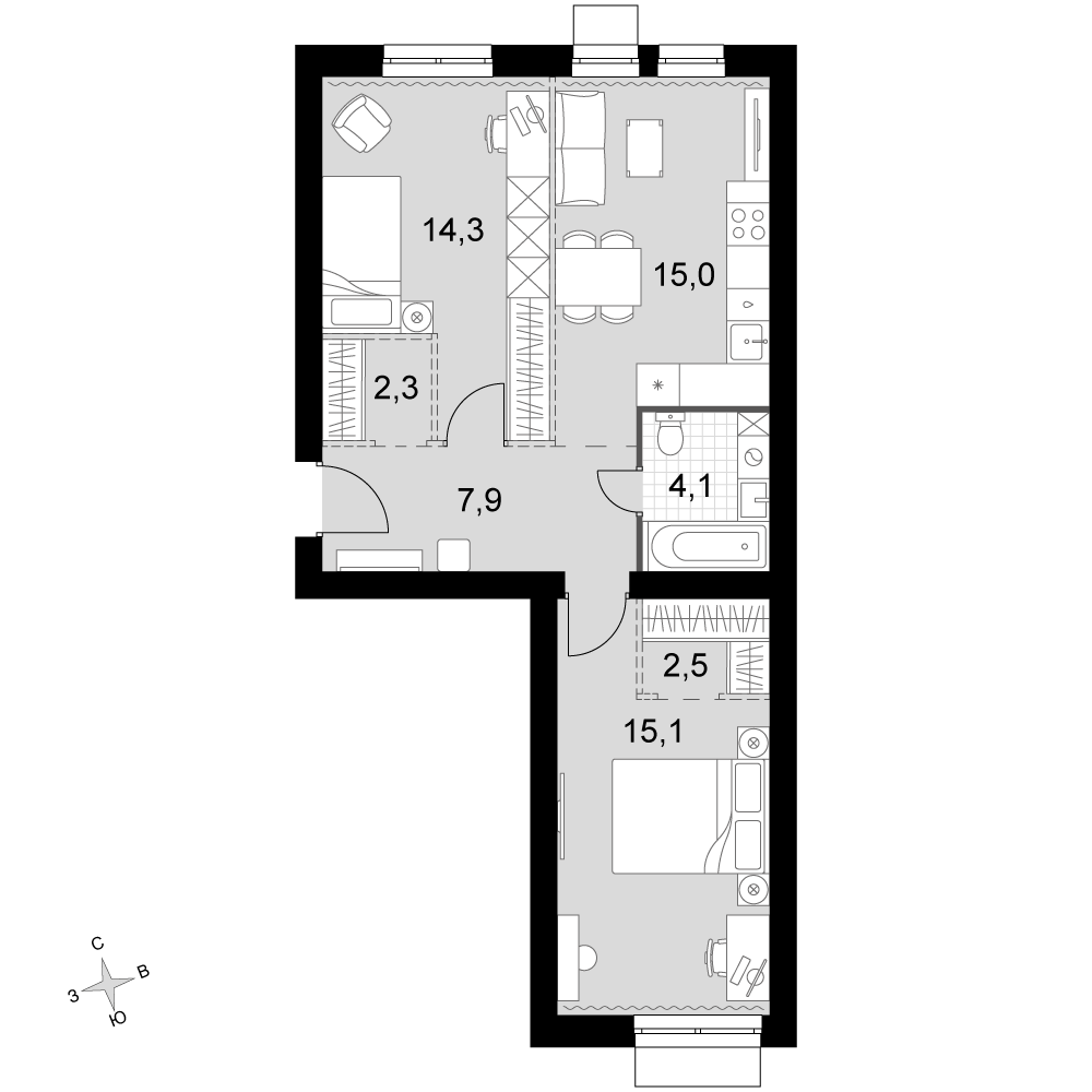 2-комнатная 61 м2 в ЖК Дубровицы Клаб корпус null этаж 4