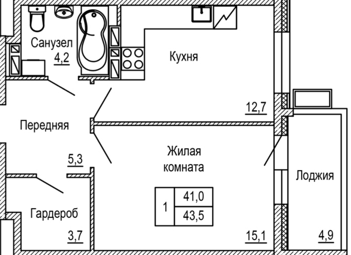 1-комнатная 43 м2 в ЖК Гармония корпус null этаж 15