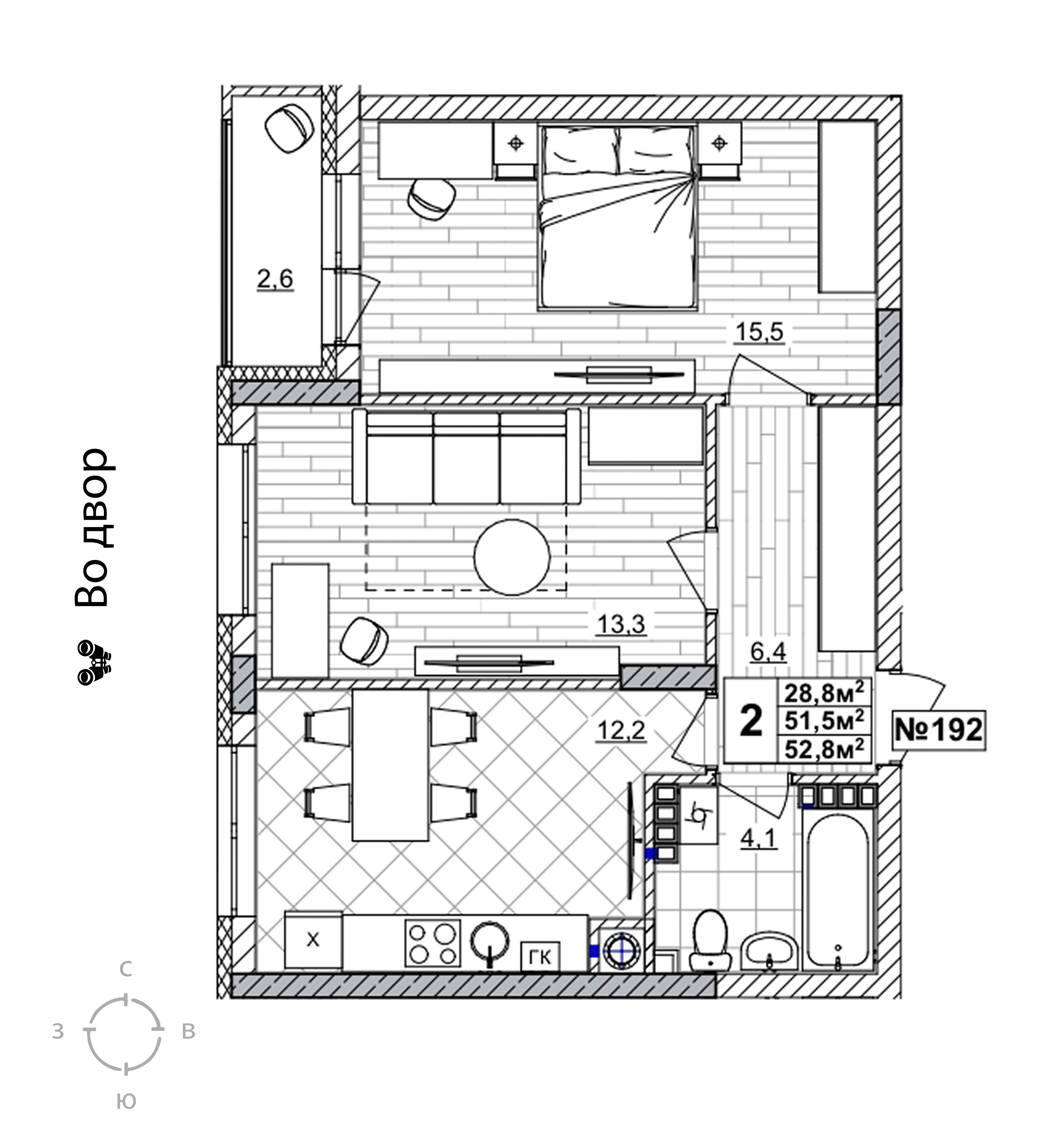 2-комнатная 52 м2 в ЖК Смородина корпус null этаж 4