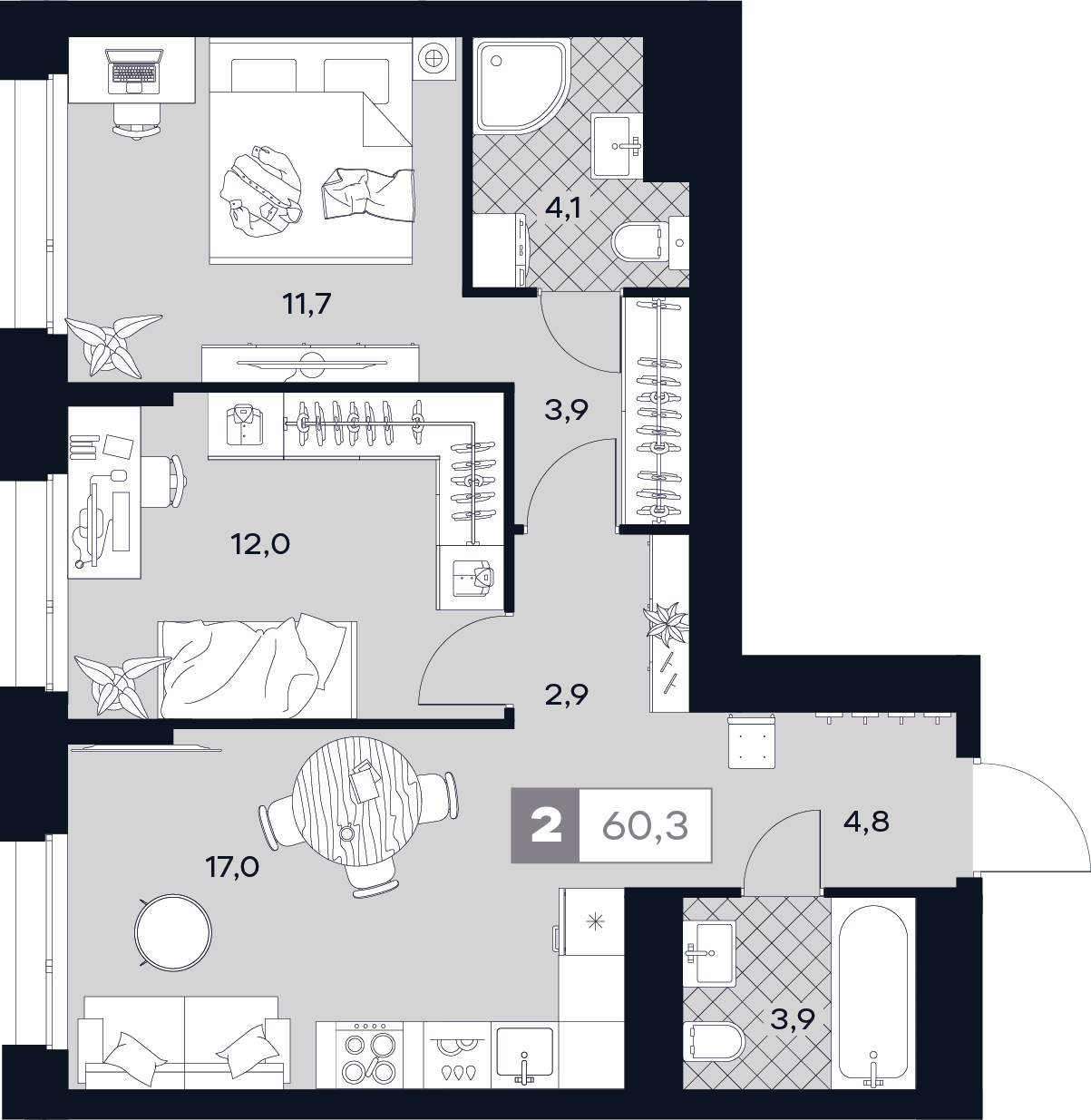 2-комнатная 60 м2 в ЖК Юту корпус null этаж 25