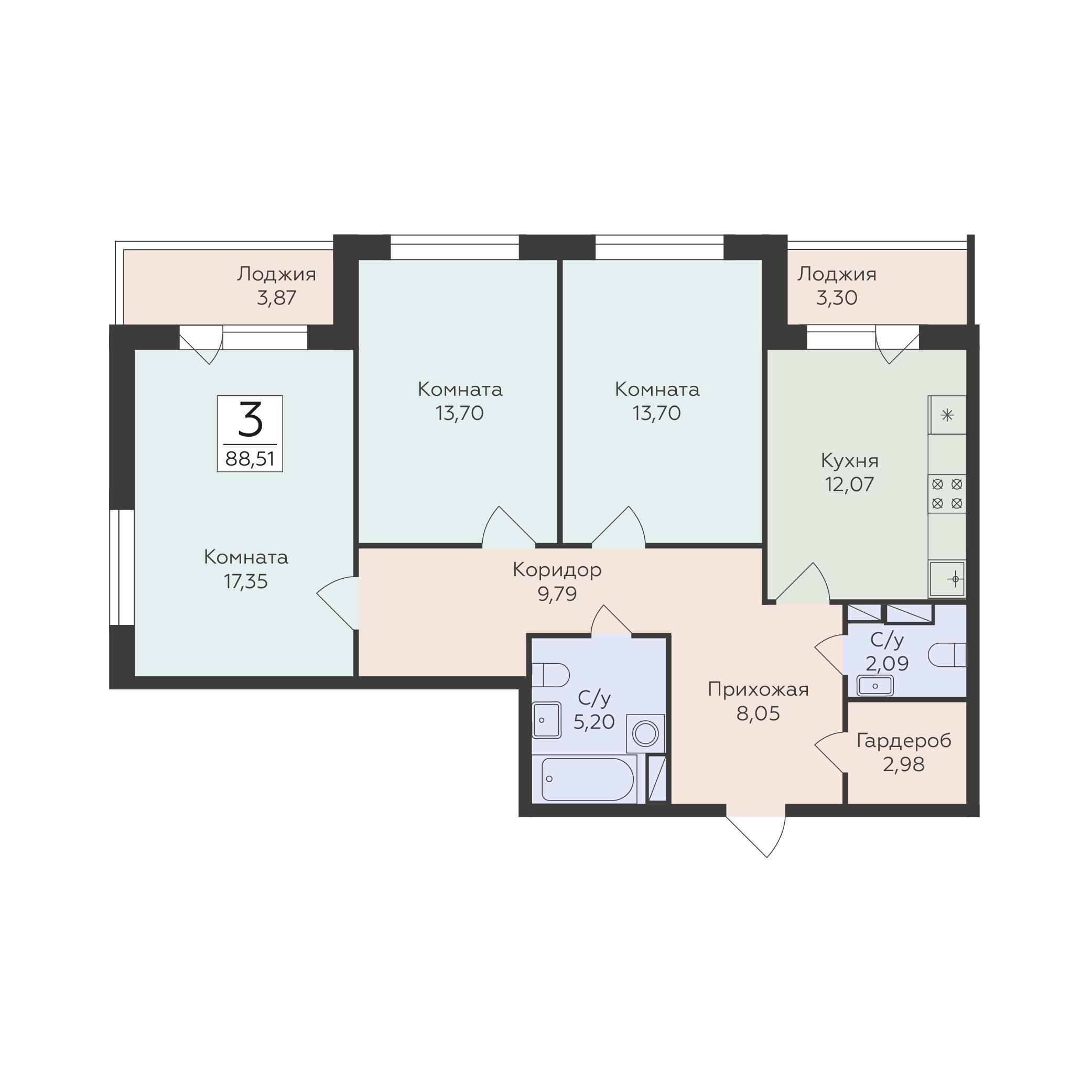 3-комнатная 88 м2 в ЖК Романовский корпус null этаж 8