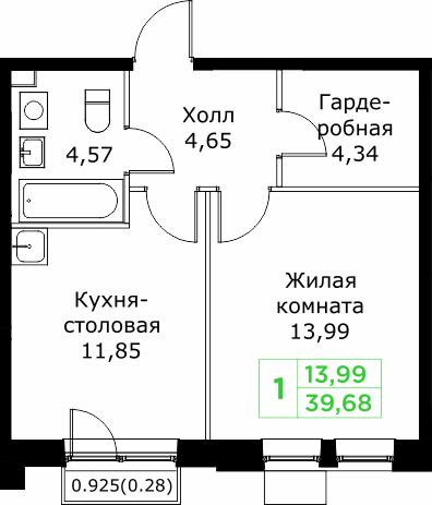 1-комнатная 39 м2 в ЖК Кит корпус null этаж 23