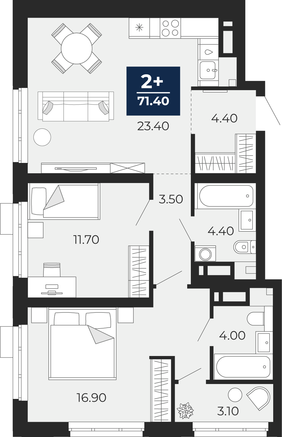 2-комнатная 68 м2 в ЖК Айвазовский корпус null этаж 16
