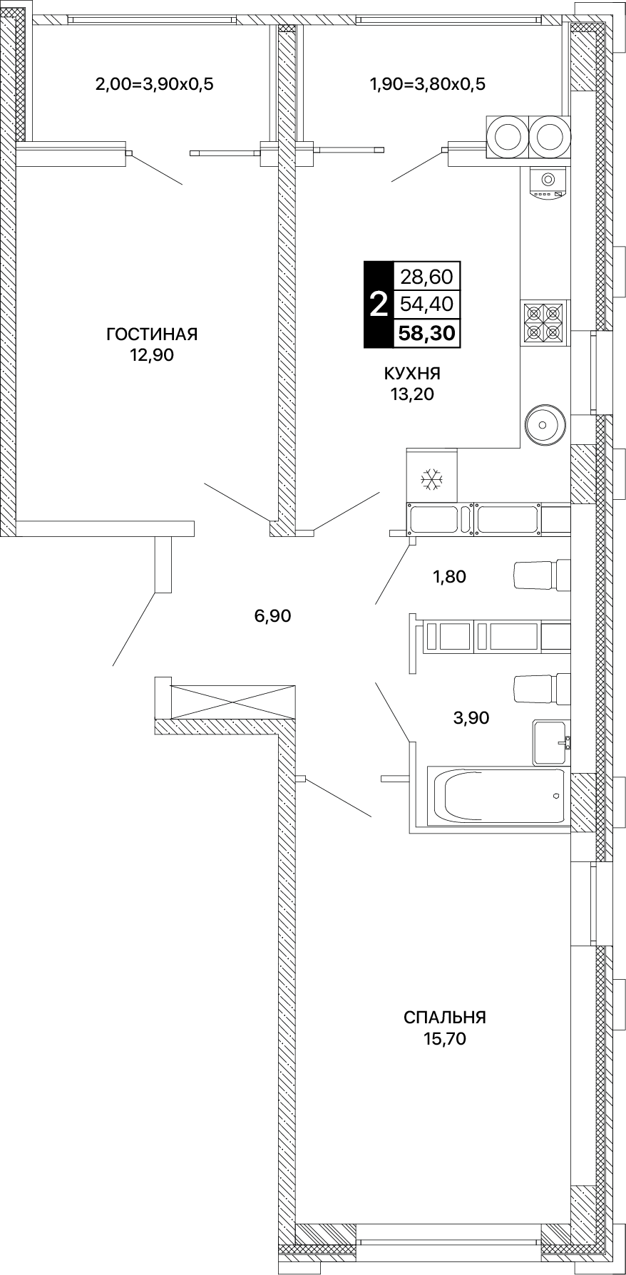 2-комнатная 58 м2 в ЖК Сияние корпус null этаж 15