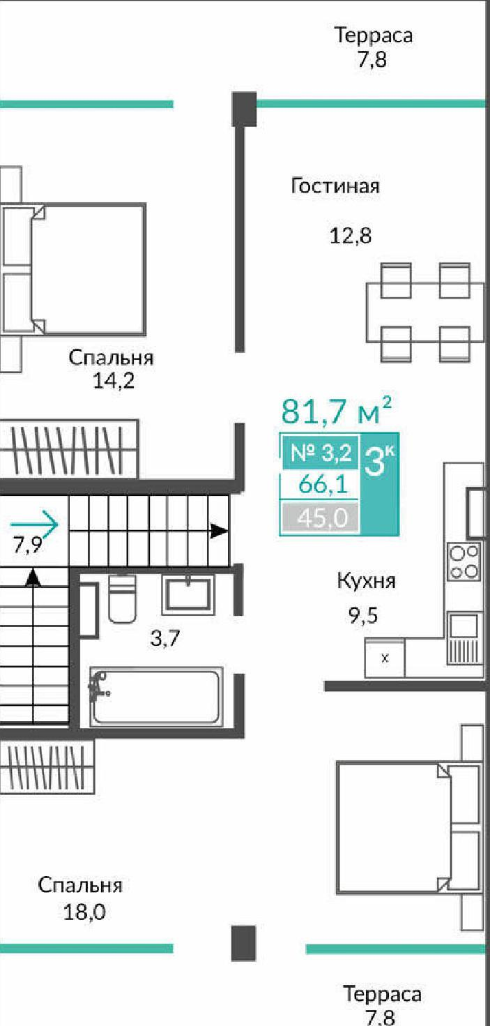 3-комнатная 81.7 м2 в ЖК undefined корпус null этаж 2