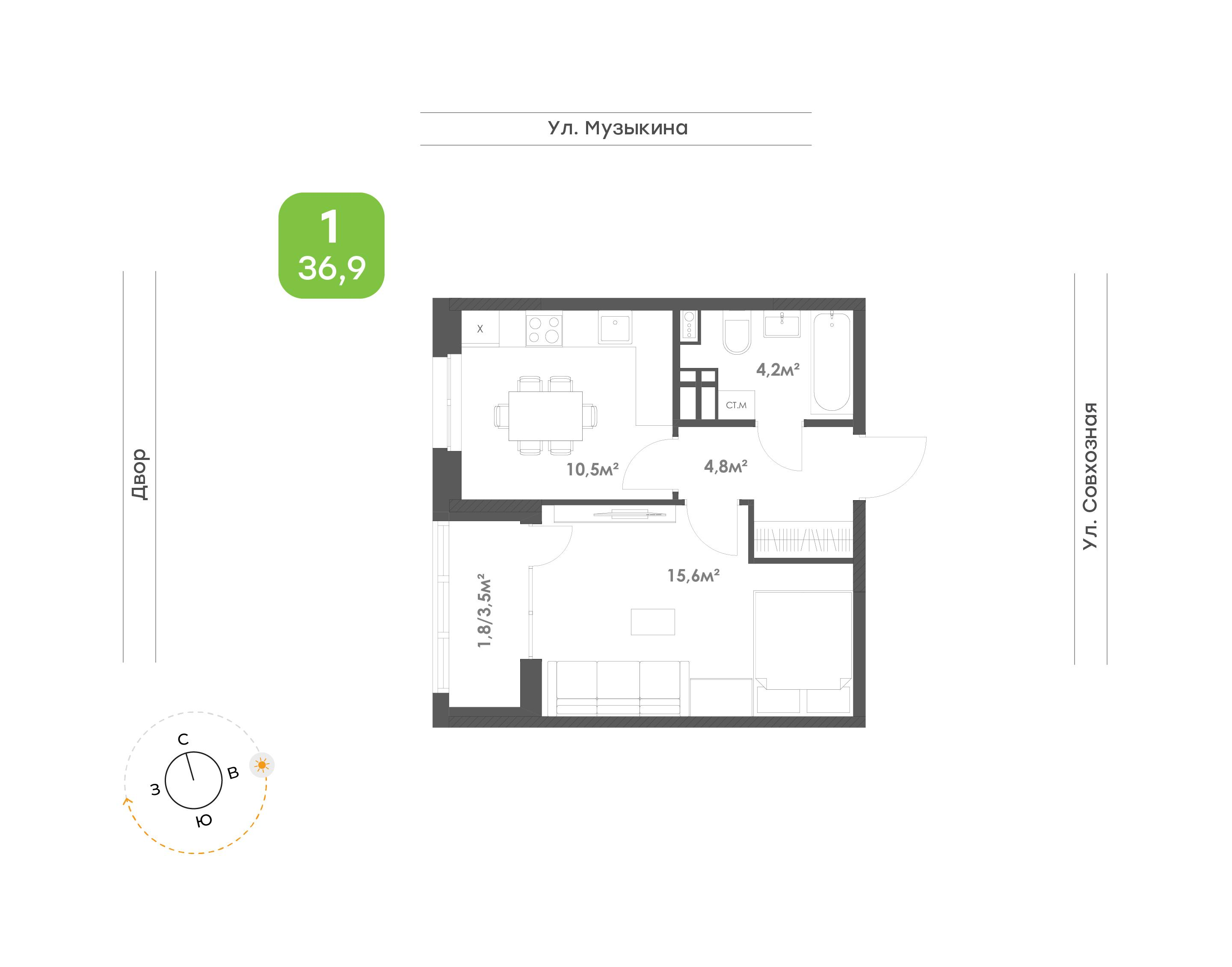 1-комнатная 36 м2 в ЖК Биография корпус null этаж 7