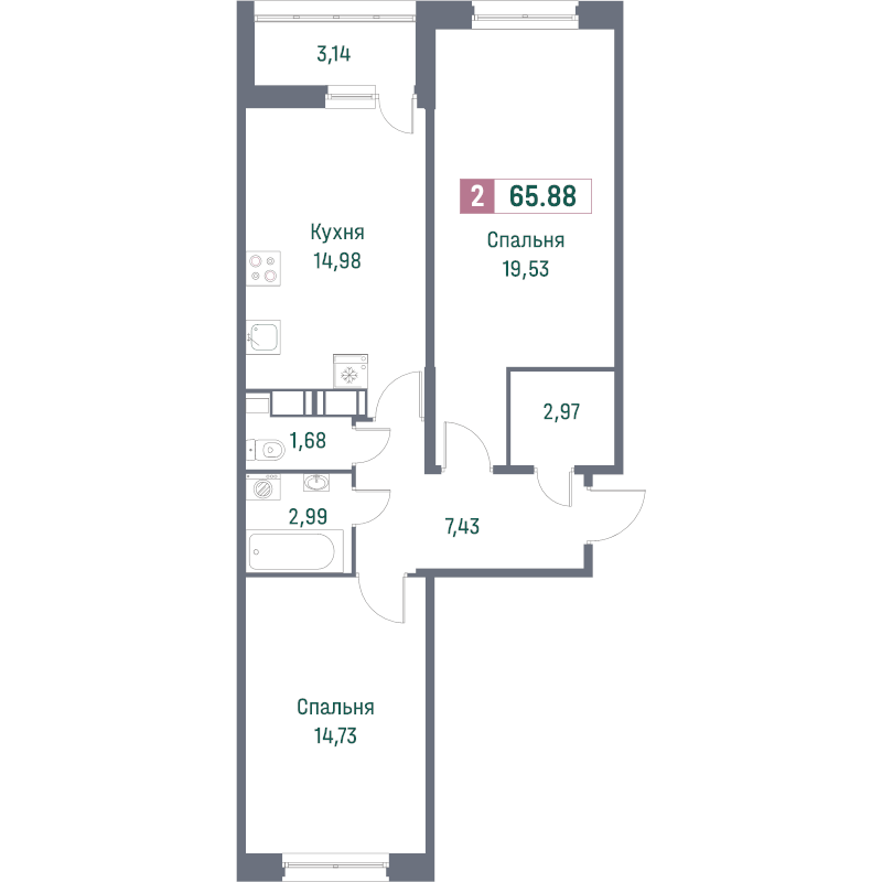 2-комнатная 65 м2 в ЖК Фотограф корпус null этаж 9