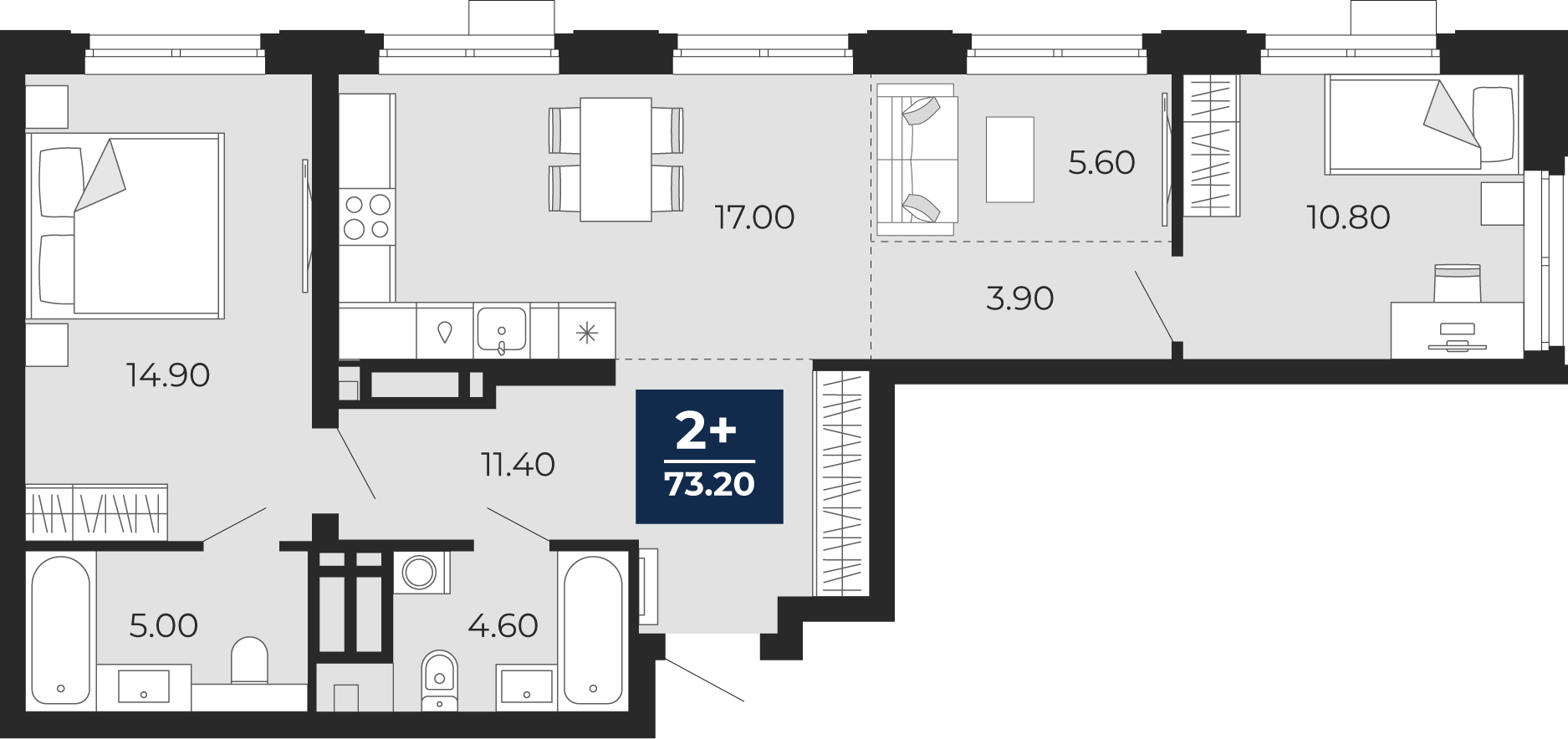 2-комнатная 73 м2 в ЖК Айвазовский корпус null этаж 13