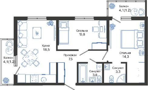 2-комнатная 60 м2 в ЖК Облака корпус null этаж 2
