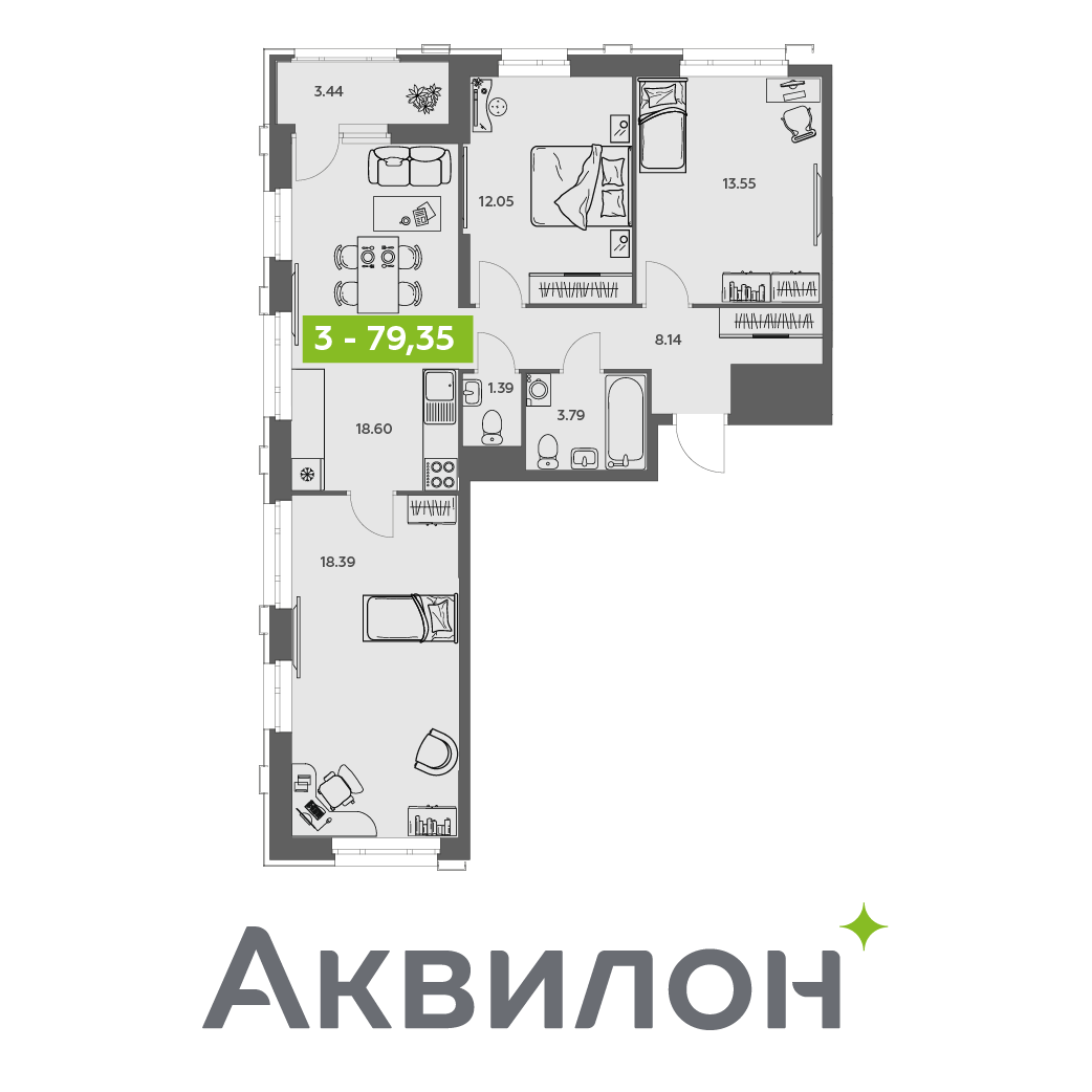 Студия 79 м2 в ЖК Аквилон АКВАРТАЛ корпус null этаж 14