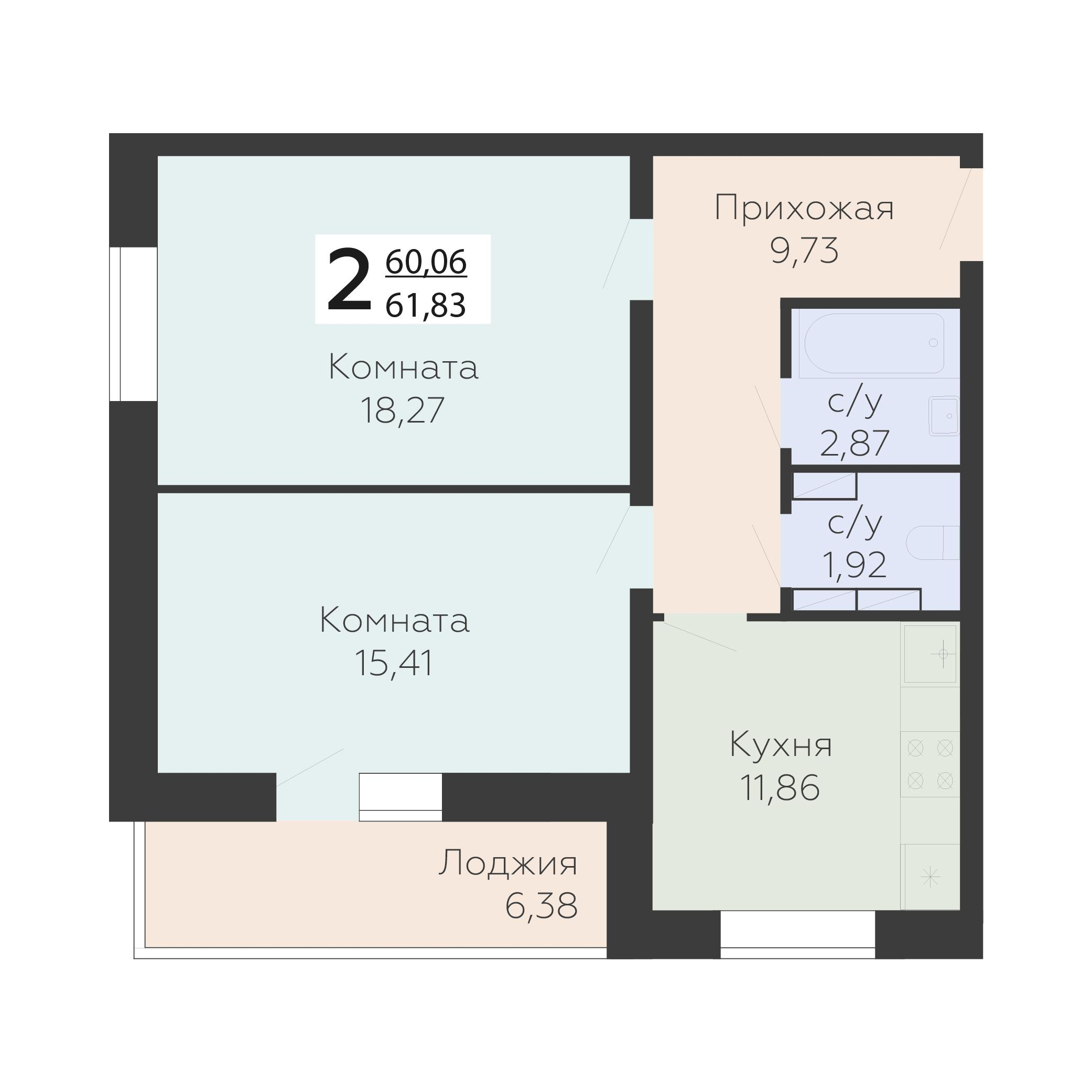 2-комнатная 61 м2 в ЖК Nova парк корпус null этаж 5