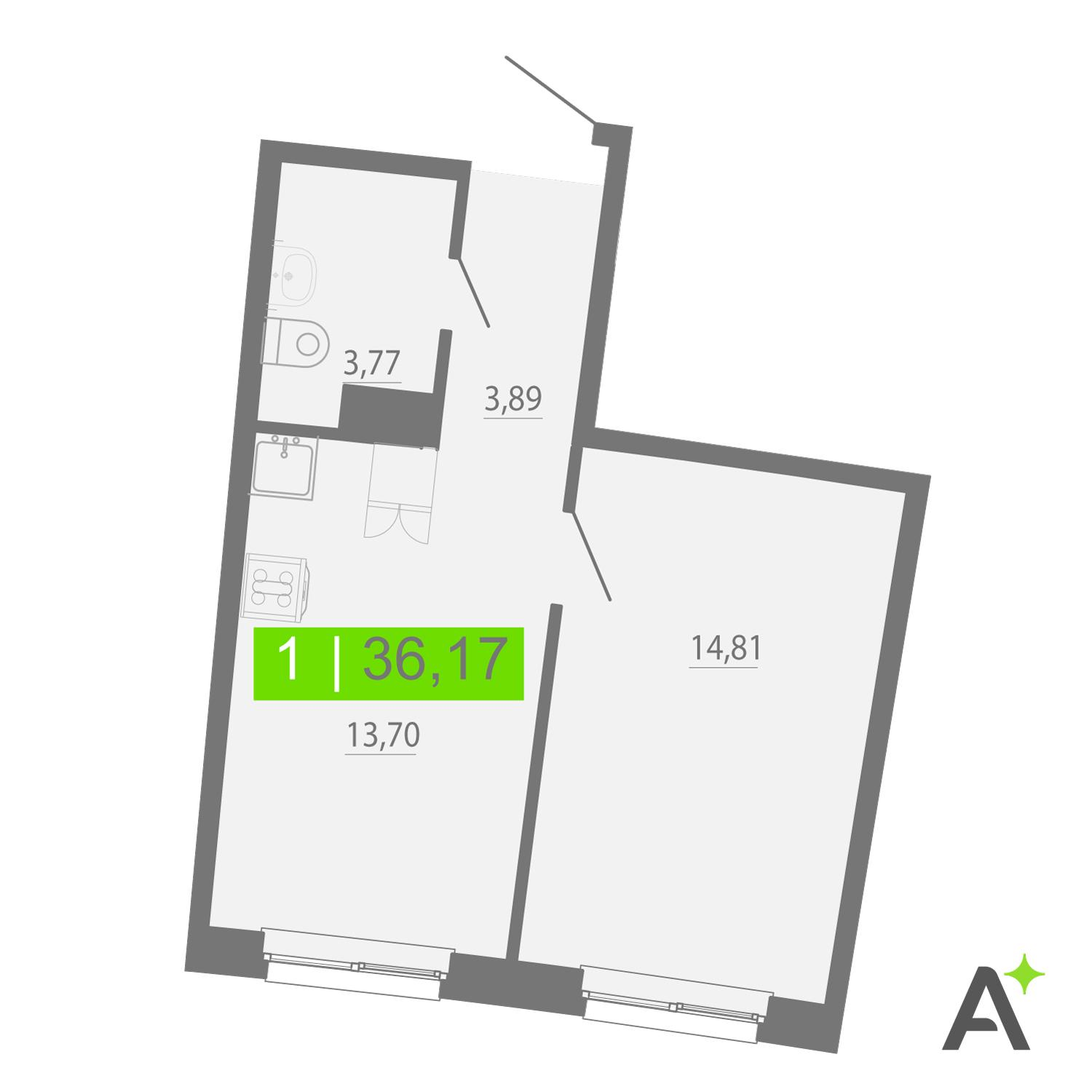 1-комнатная 36 м2 в ЖК Аквилон Рива корпус null этаж 13