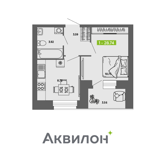 1-комнатная 28 м2 в ЖК Аквилон ROSA корпус null этаж 10