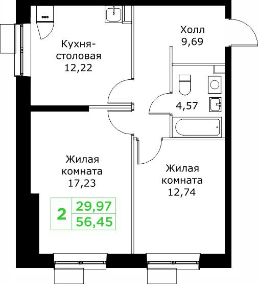 2-комнатная 56 м2 в ЖК Кит корпус null этаж 16