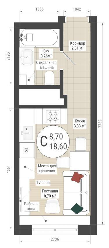 Студия 18.6 м2 в ЖК undefined корпус null этаж 19