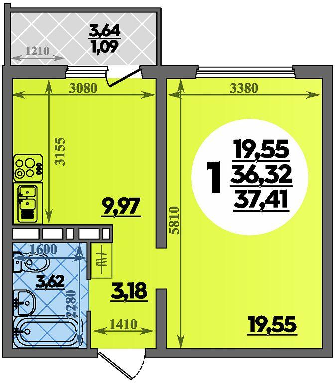 1-комнатная 37 м2 в ЖК Платовский корпус null этаж 12