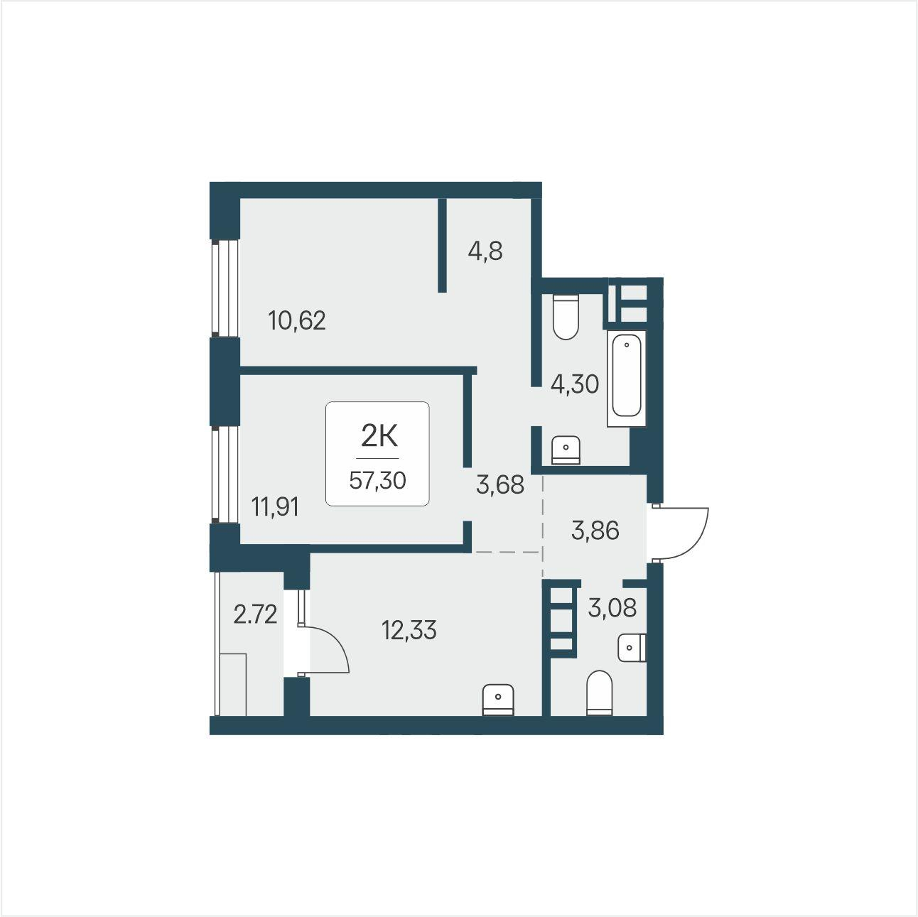 2-комнатная 57 м2 в ЖК Расцветай в Солнечном корпус null этаж 14