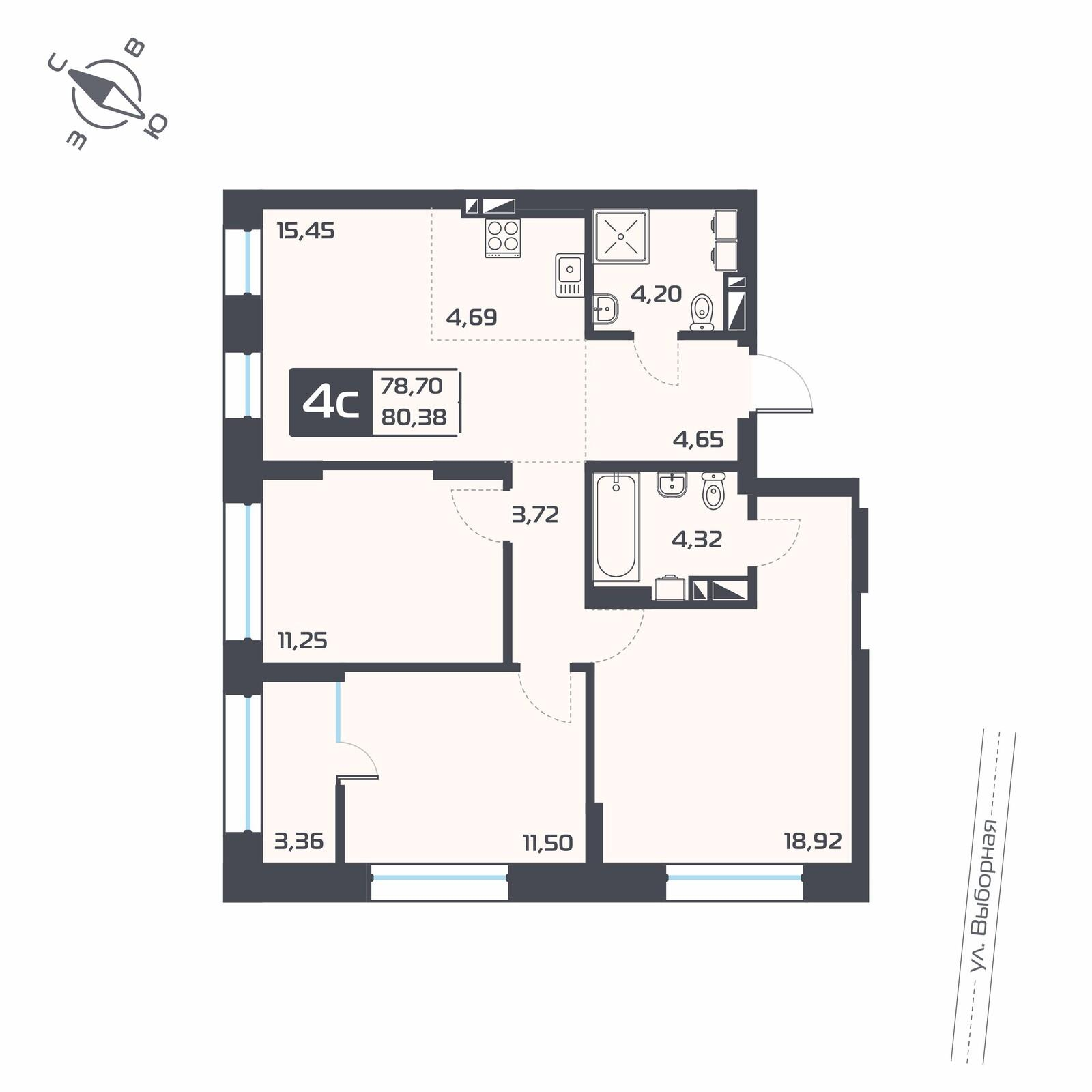 4-комнатная 80 м2 в ЖК Астон. Геометрия корпус null этаж 5