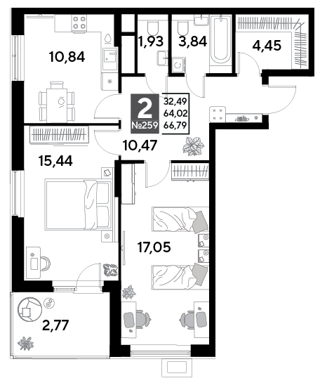 2-комнатная 66 м2 в ЖК EVO корпус null этаж 21