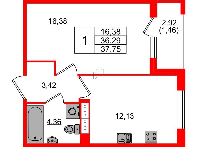 1-комнатная 37 м2 в ЖК Квартал Заречье корпус null этаж 7