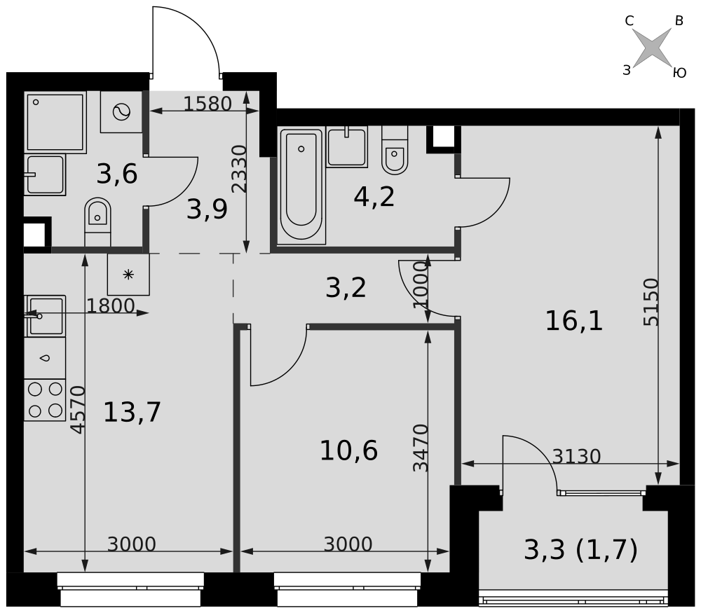 2-комнатная 57 м2 в ЖК Симоновский Вал корпус null этаж 2
