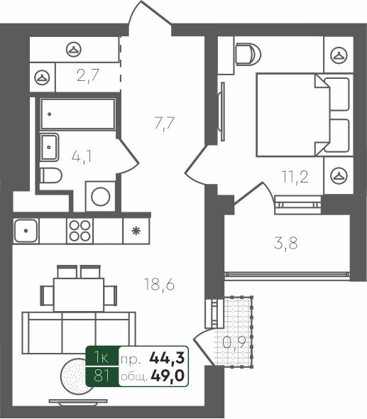 1-комнатная 49 м2 в ЖК Ритмы корпус null этаж 4