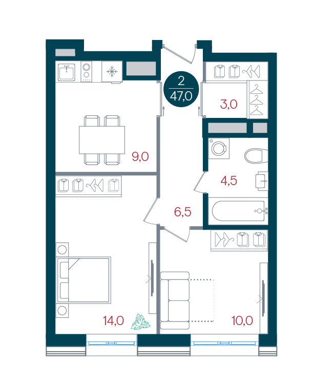 2-комнатная 47 м2 в ЖК Русич Кантемировский корпус null этаж 10
