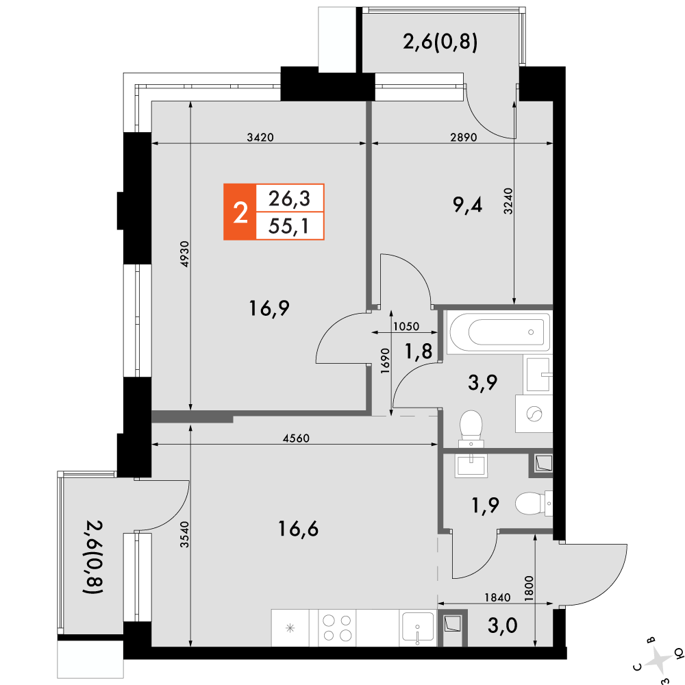 3-комнатная 55 м2 в ЖК Флагман корпус null этаж 9