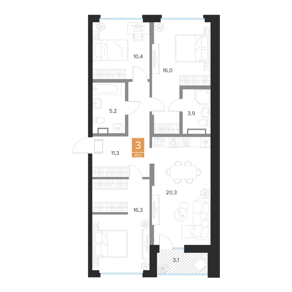 3-комнатная 85 м2 в ЖК undefined корпус null этаж 5