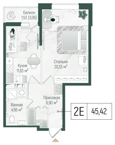 1-комнатная 46 м2 в ЖК Рига Хиллс корпус null этаж 8
