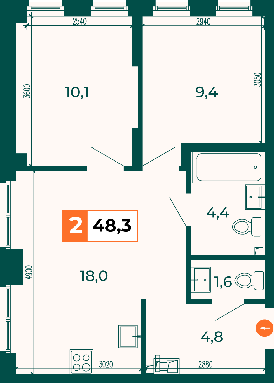 2-комнатная 48 м2 в ЖК Квартал СЮЖЕТЫ корпус null этаж 3