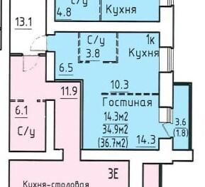 1-комнатная 34.9 м2 в ЖК undefined корпус null этаж 16