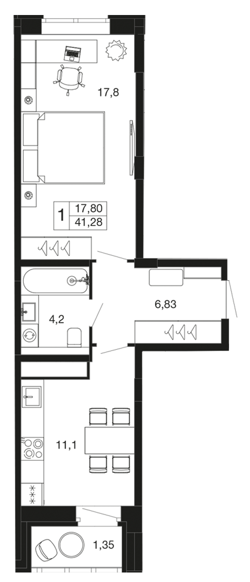 1-комнатная 41 м2 в ЖК Времена года корпус null этаж 5