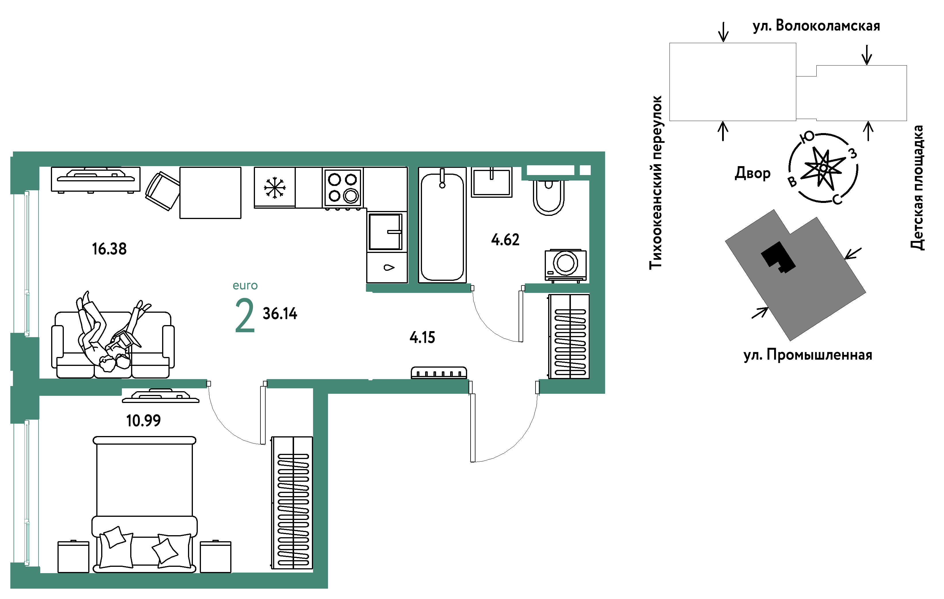 2-комнатная 36 м2 в ЖК Страна.Прибрежная корпус null этаж 12