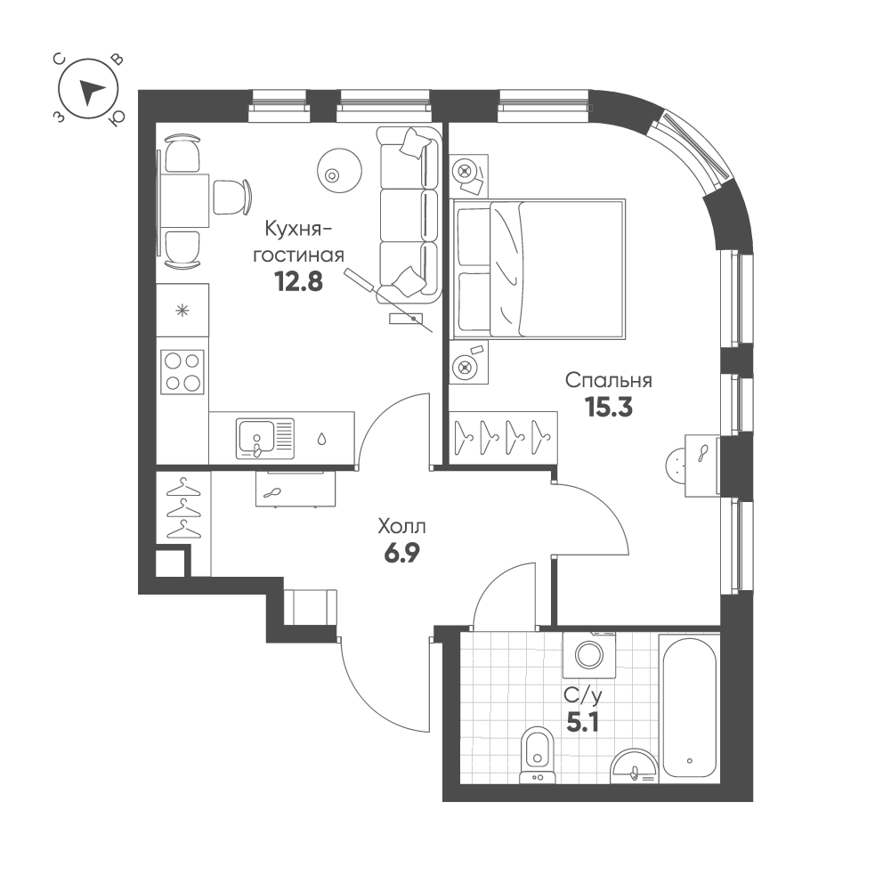 1-комнатная 40 м2 в ЖК Shagal корпус null этаж 11