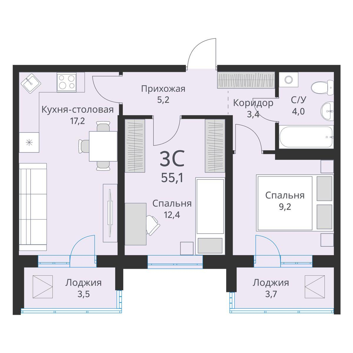 2-комнатная 55 м2 в ЖК Виноград корпус null этаж 15