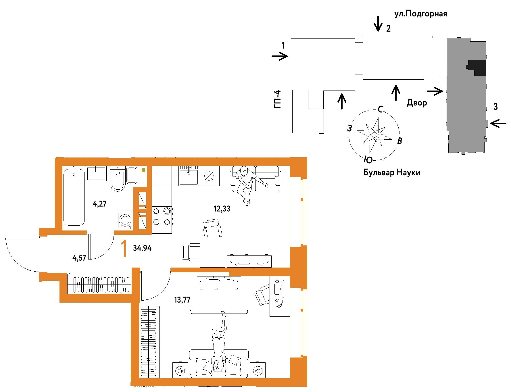 1-комнатная 34 м2 в ЖК Авторский корпус null этаж 11
