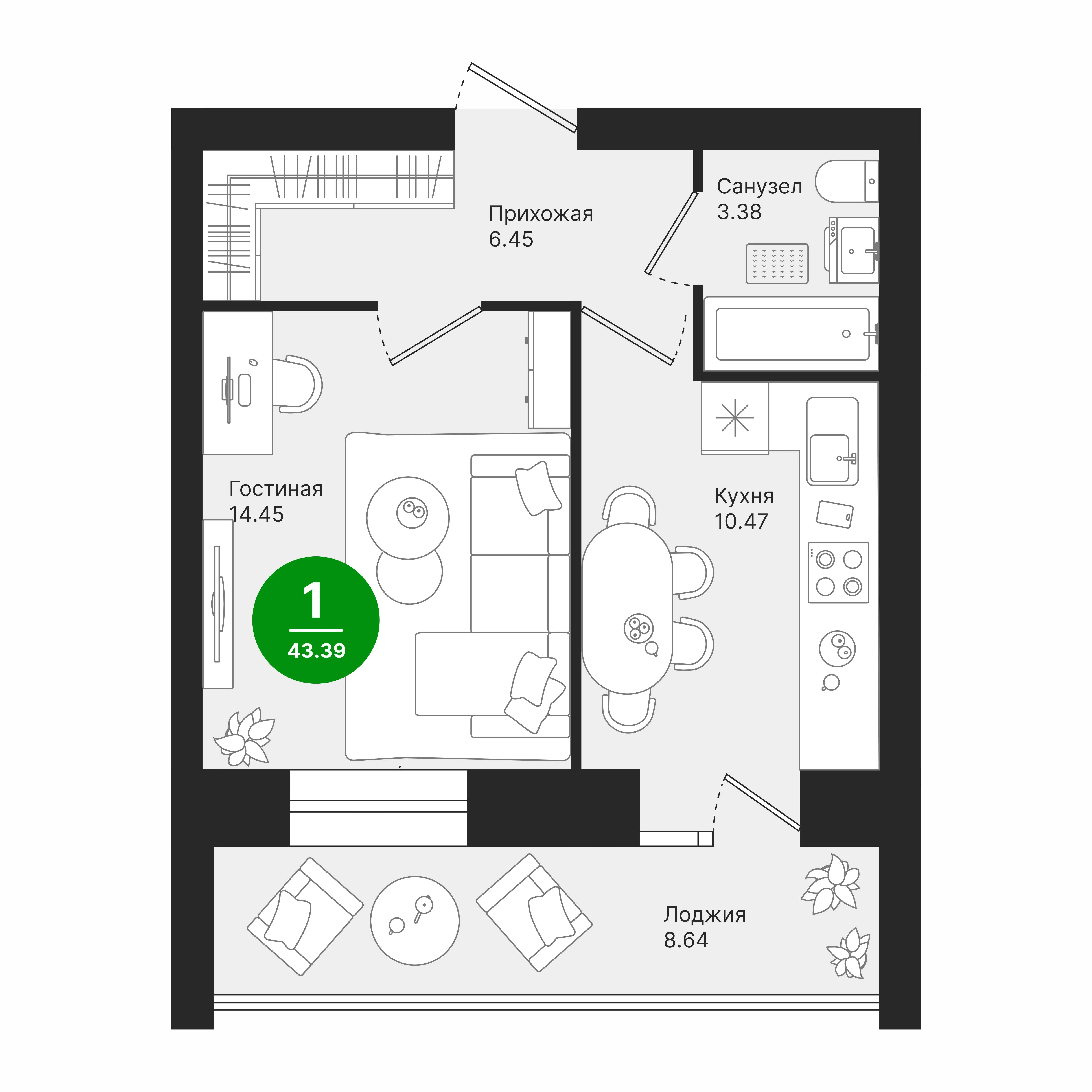 1-комнатная 43 м2 в ЖК Поз 1 ул. Павленко корпус null этаж 9