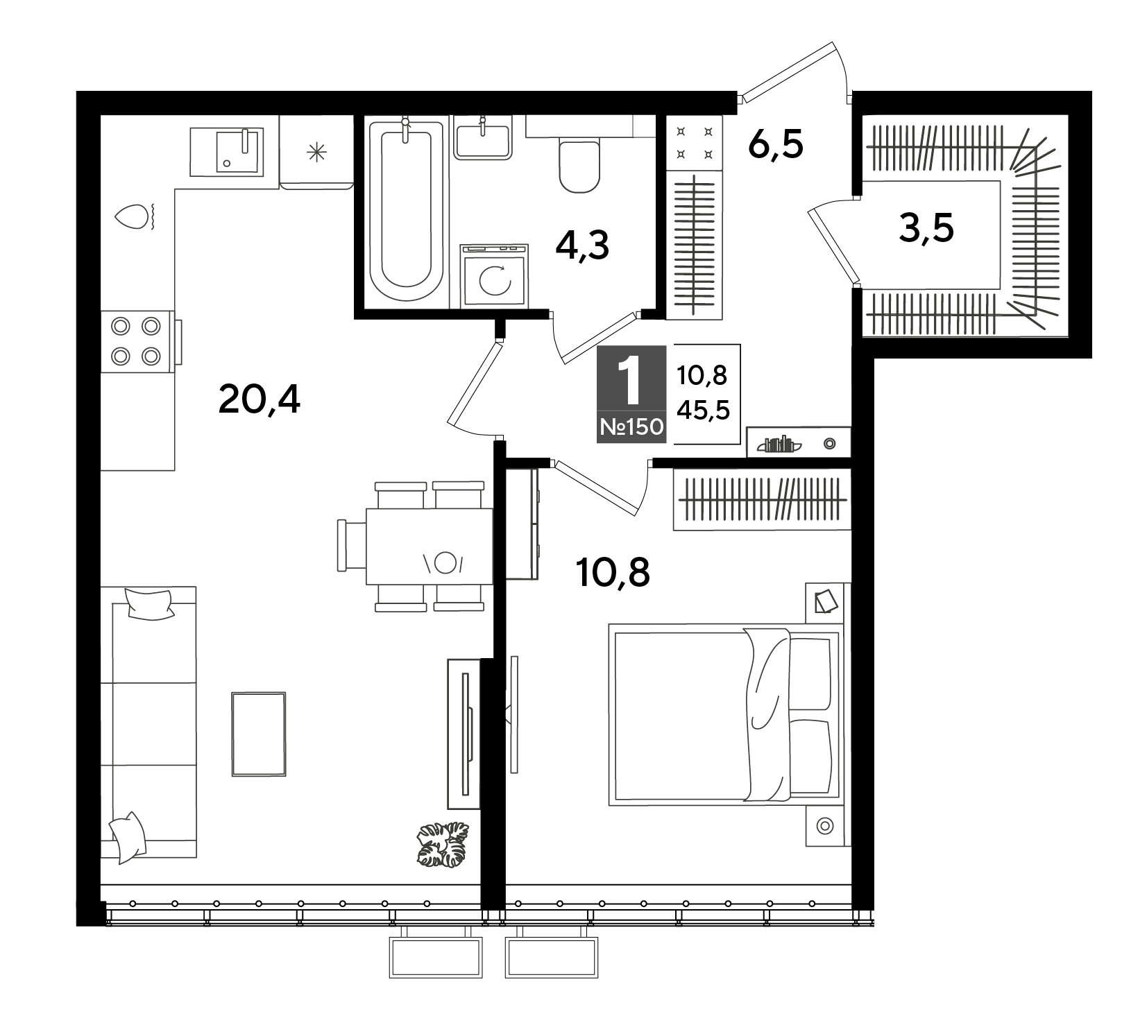 1-комнатная 45 м2 в ЖК Dogma Park корпус null этаж 2