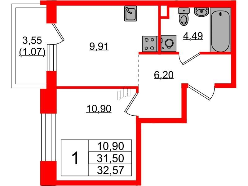 1-комнатная 32 м2 в ЖК PLUS Пулковский корпус null этаж 2