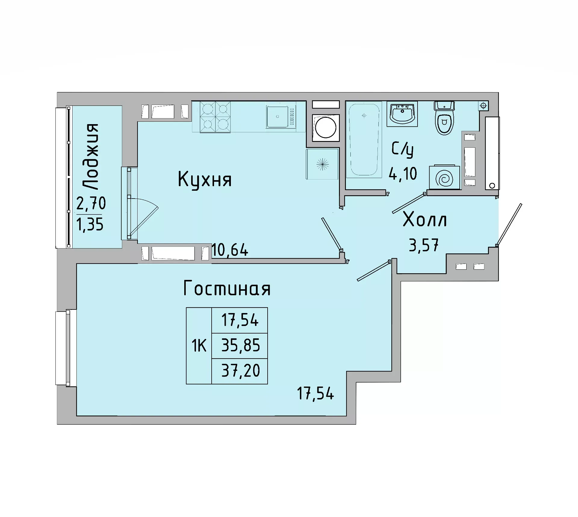 1-комнатная 36 м2 в ЖК Пальмира 2.0 корпус null этаж 4