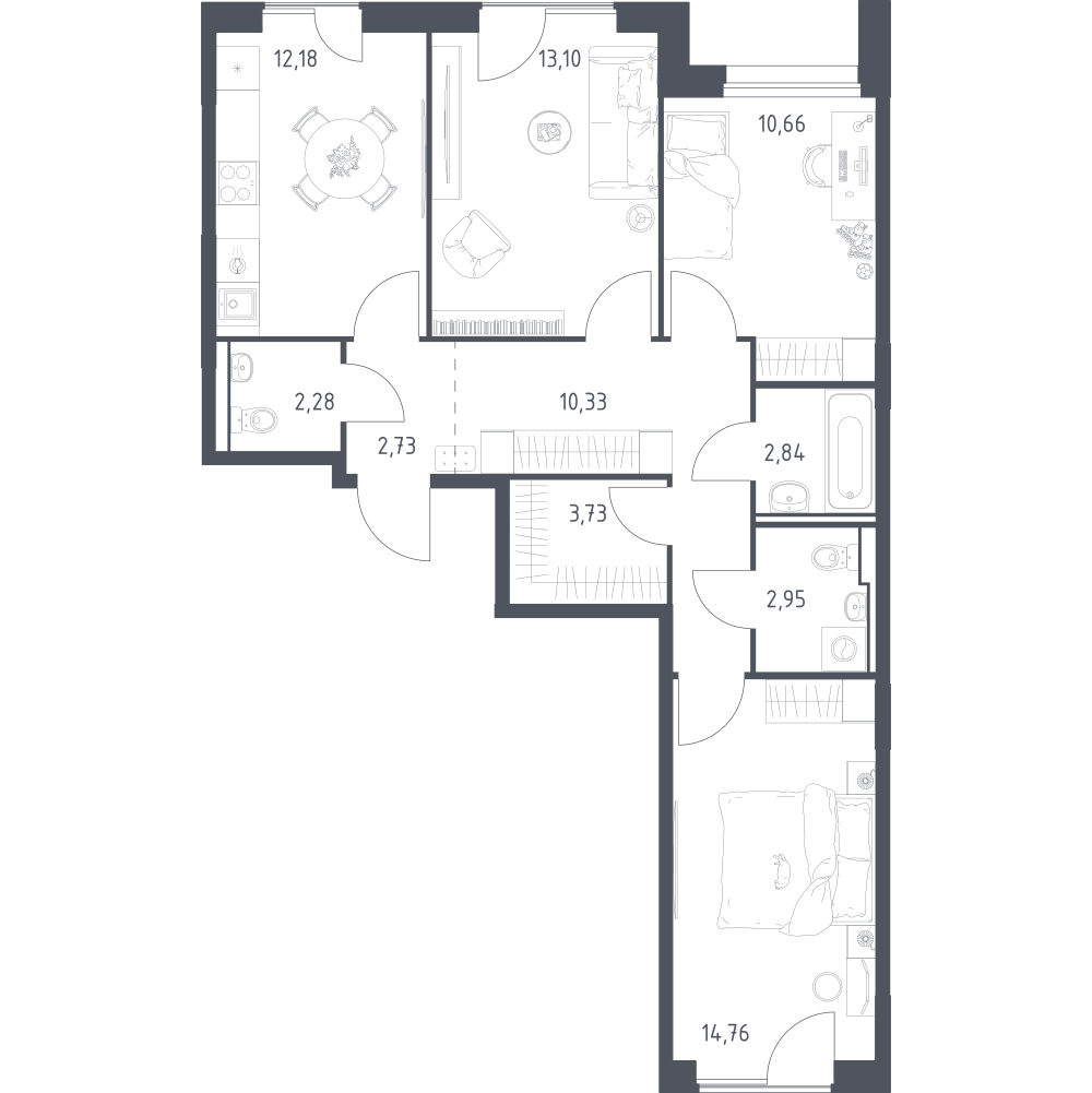 3-комнатная 75 м2 в ЖК Прибрежный парк корпус null этаж 13