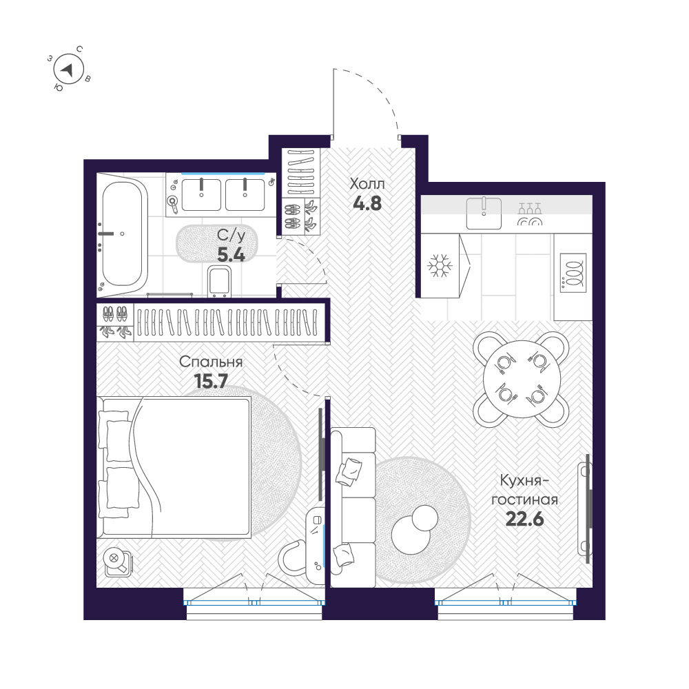 1-комнатная 48 м2 в ЖК ЛДМ корпус null этаж 2