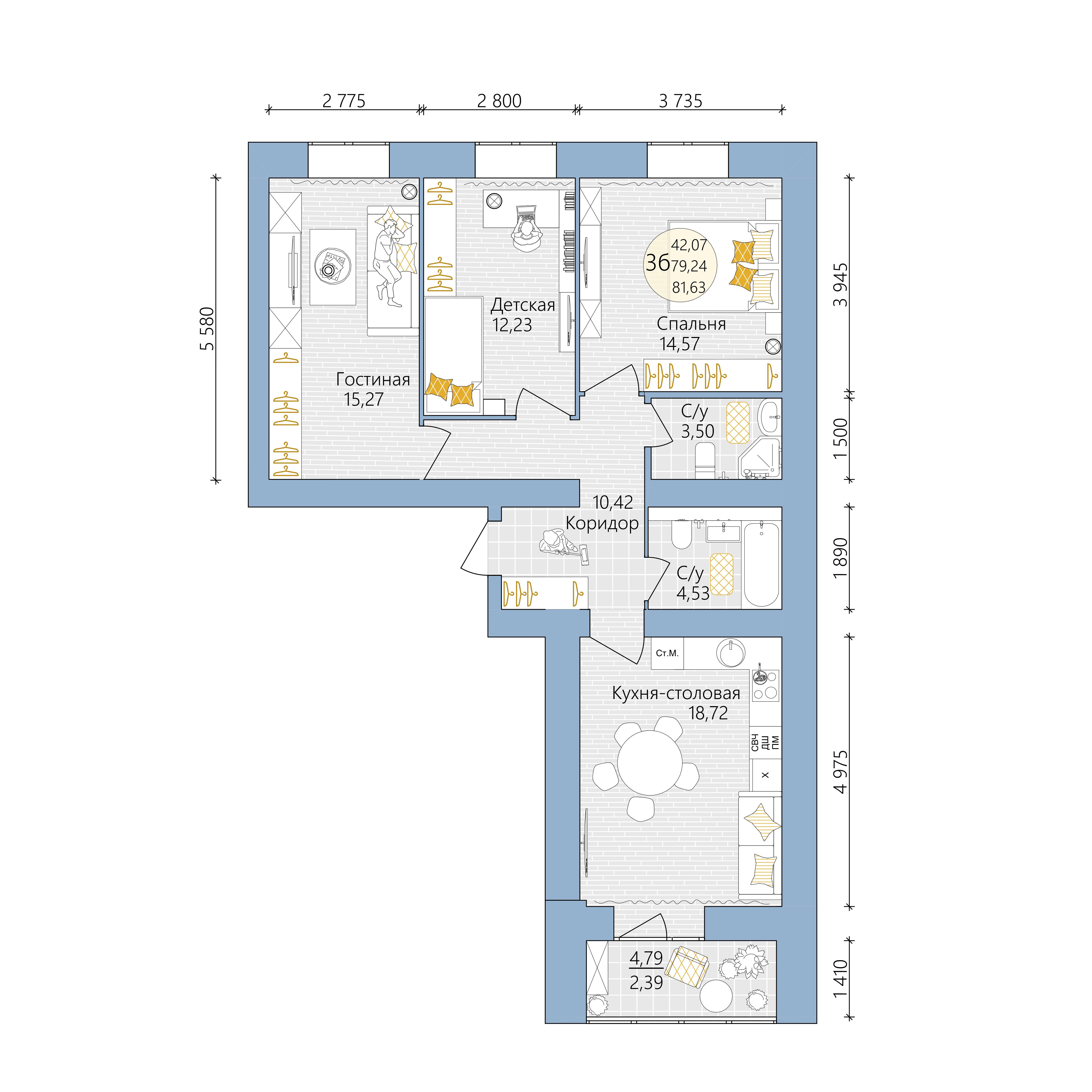 3-комнатная 81 м2 в ЖК Новая Высота корпус null этаж 5