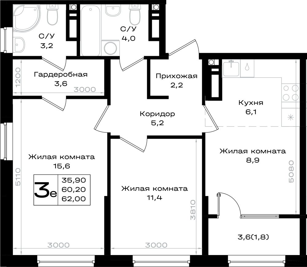 3-комнатная 62 м2 в ЖК Придонье корпус null этаж 6